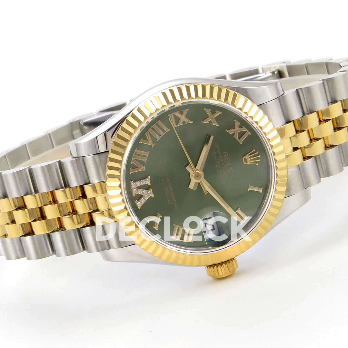 Rolex Datejust 31 278273 Green Roman Yellow Two-Tone Jubilee XRF A2236 replica - Left-side full-watch angle showing the green Roman dial, gem-set VI, solid gold-tone hands, yellow-tone fluted bezel and steel/yellow Jubilee bracelet