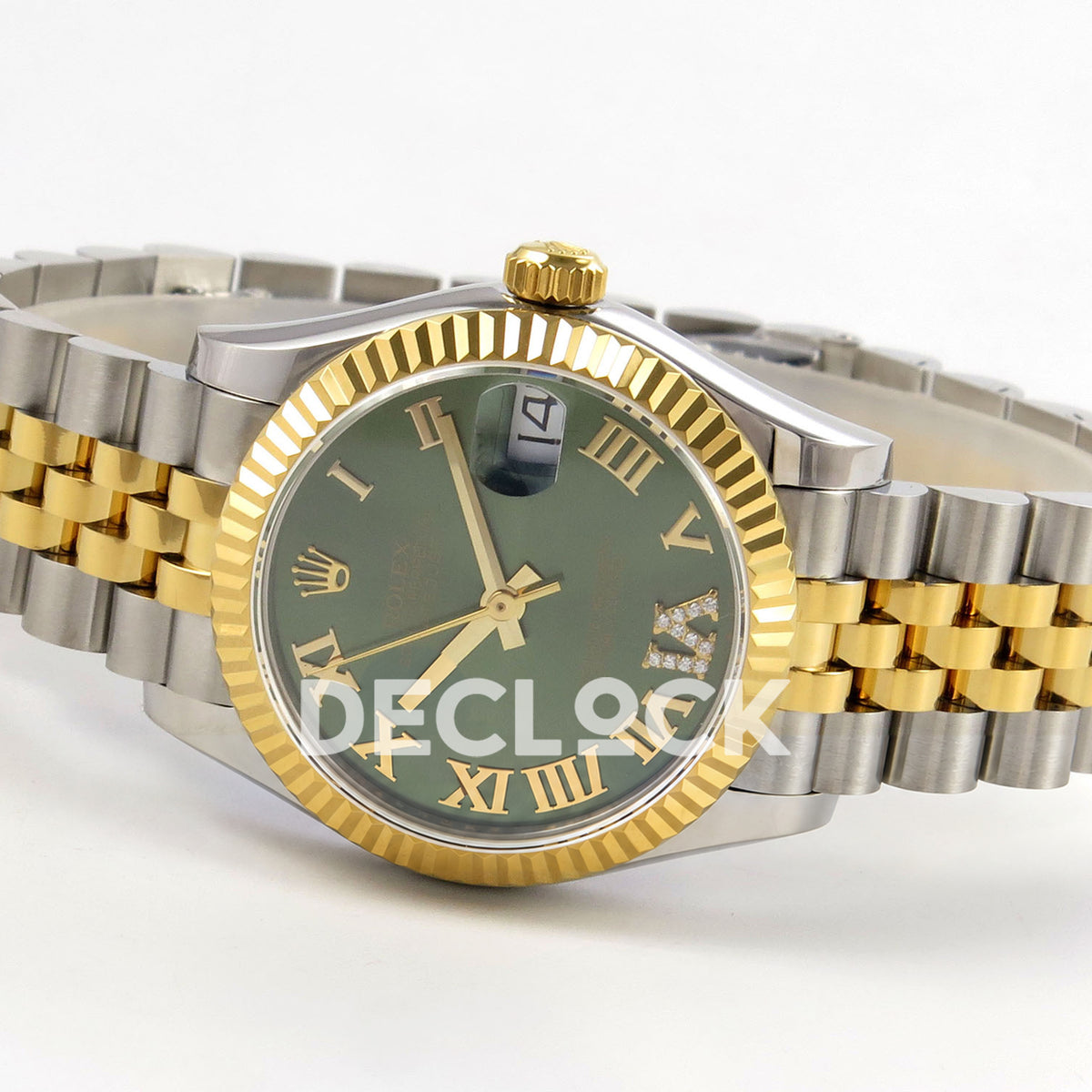 Rolex Datejust 31 278273 Green Roman Yellow Two-Tone Jubilee XRF A2236 replica - Opposite full-watch angle showing the green Roman dial, gem-set VI, solid hands, yellow-tone crown and steel/yellow Jubilee bracelet