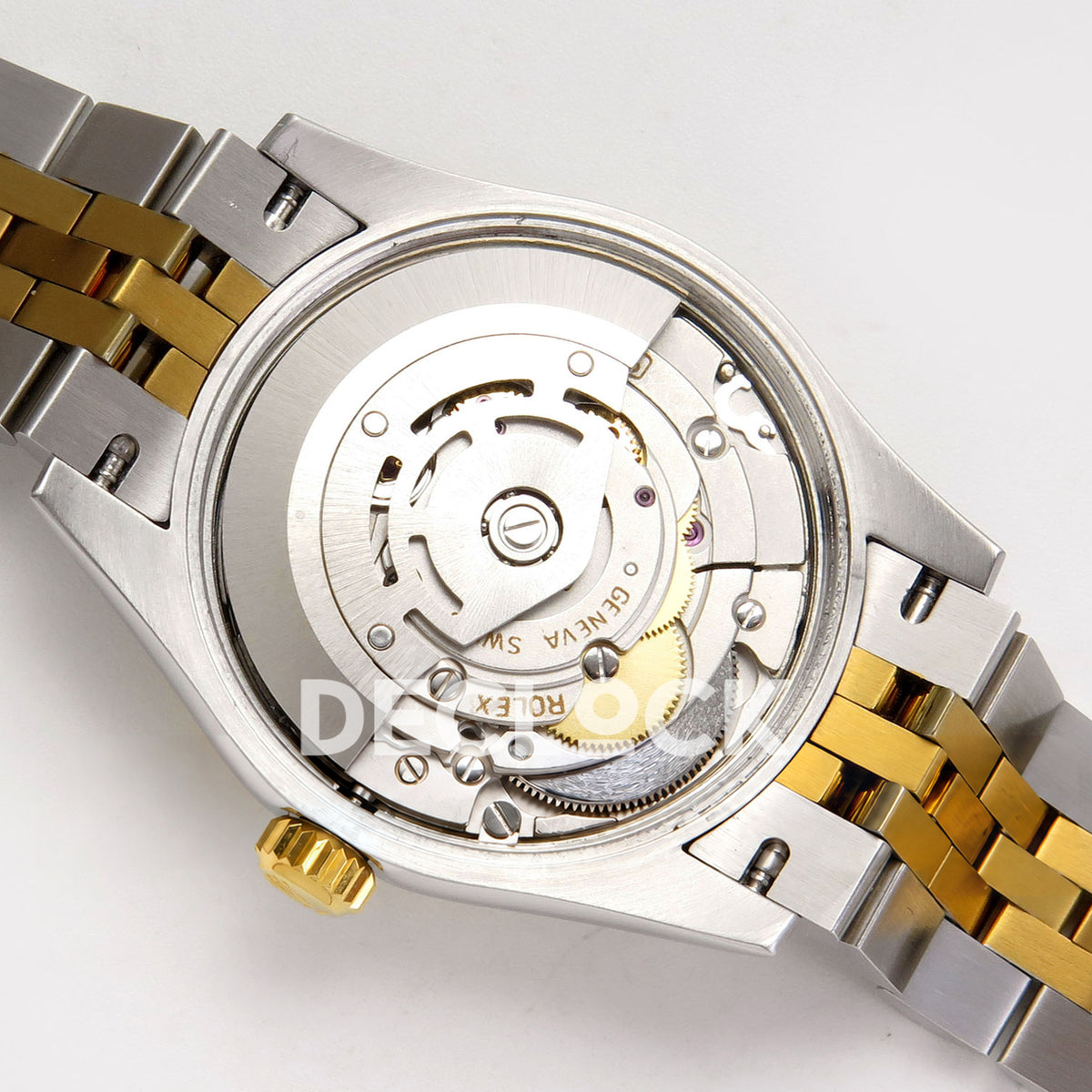 Rolex Datejust 31 278273 Green Roman Yellow Two-Tone Jubilee XRF A2236 replica - Open movement view with rotor toward the upper left, visible native engraving, plates, screws and gears