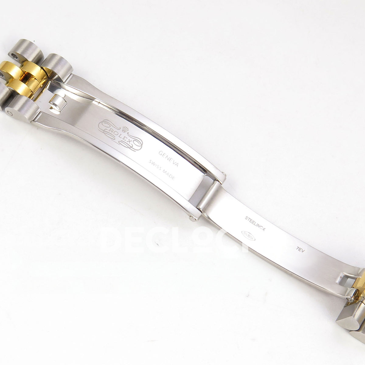 Rolex Datejust 31 278273 Green Roman Yellow Two-Tone Jubilee XRF A2236 replica - Open clasp showing the original Rolex, Geneva, Swiss Made, Steelinox, oval hallmark and 7EV engravings