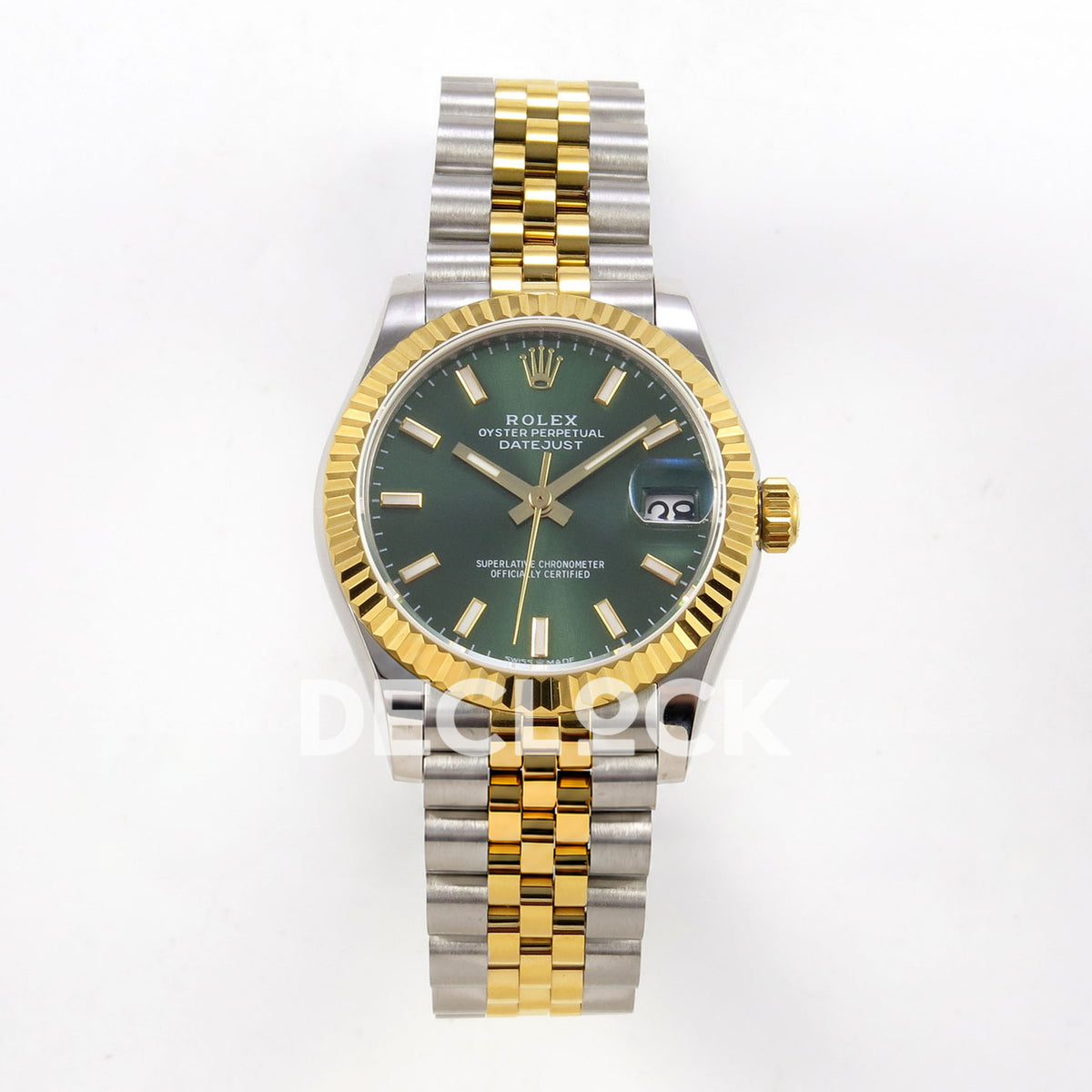 Rolex Datejust 31 278273 Green Stick Yellow Two-Tone Jubilee XRF A2236 replica - Straight-on watch view with green baton dial, yellow-tone fluted bezel and steel/yellow Jubilee bracelet