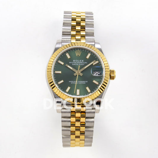 Rolex Datejust 31 278273 Green Stick Yellow Two-Tone Jubilee XRF A2236 replica - Straight-on watch view with green baton dial, yellow-tone fluted bezel and steel/yellow Jubilee bracelet