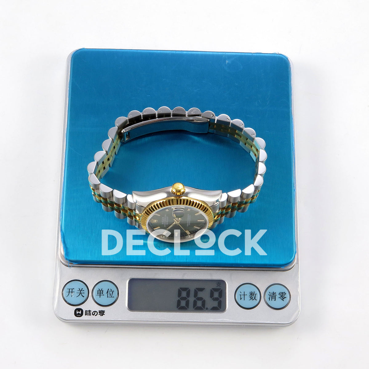 Rolex Datejust 31 278273 Green Stick Yellow Two-Tone Jubilee XRF A2236 replica - Complete watch on a digital scale with the original86.9 gram reading and Chinese gram unit visible