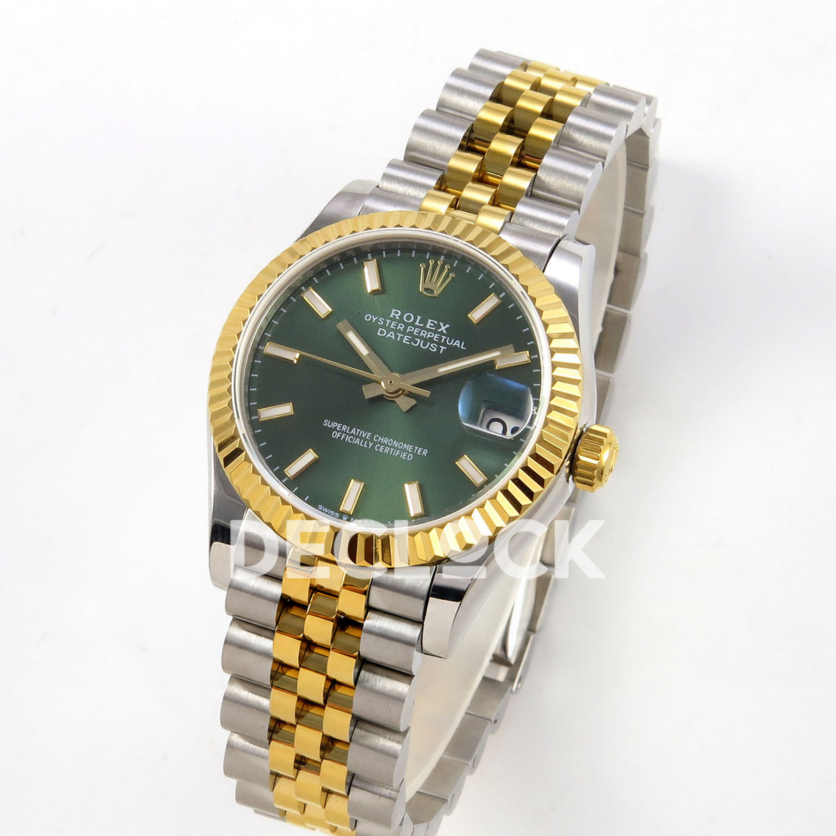 Rolex Datejust 31 278273 Green Stick Yellow Two-Tone Jubilee XRF A2236 replica - Standing three-quarter view of the green luminous baton dial, fluted yellow-tone bezel and steel/yellow Jubilee bracelet