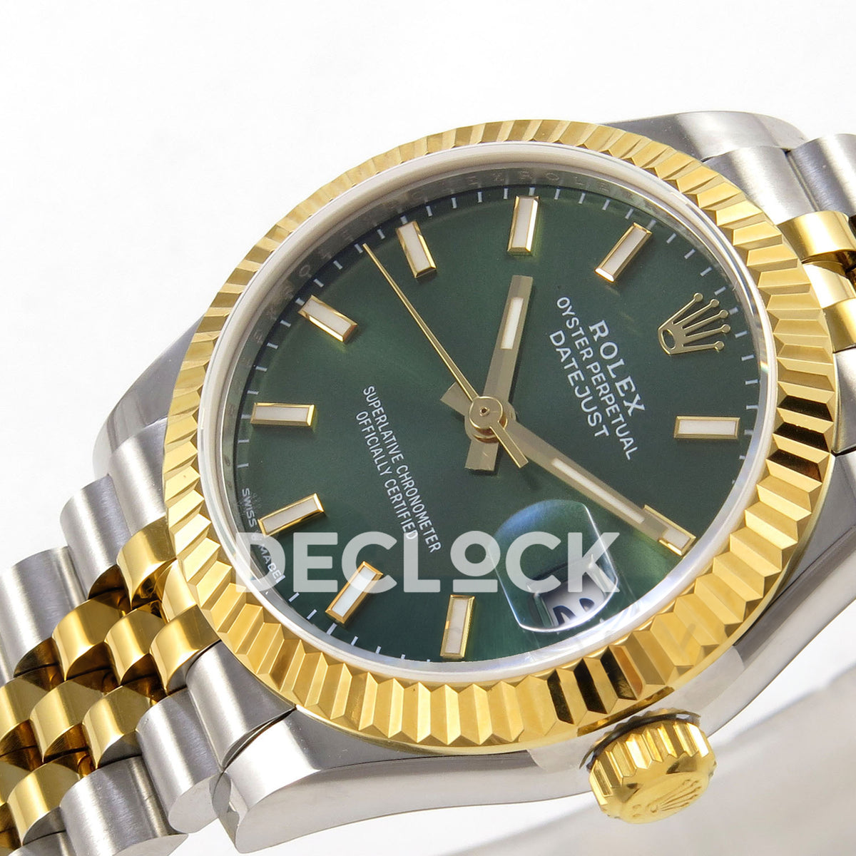 Rolex Datejust 31 278273 Green Stick Yellow Two-Tone Jubilee XRF A2236 replica - Angled close-up of the green luminous baton dial, native gold-tone hands, date cyclops and steel/yellow Jubilee links