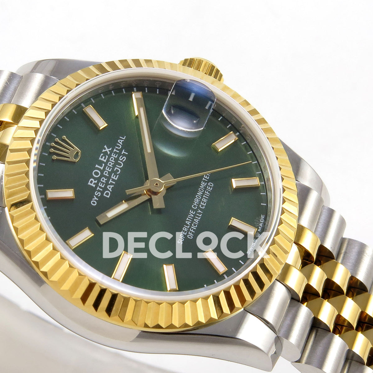 Rolex Datejust 31 278273 Green Stick Yellow Two-Tone Jubilee XRF A2236 replica - Angled dial view showing the green luminous baton dial, native gold-tone hands, yellow fluted bezel and steel/yellow Jubilee bracelet
