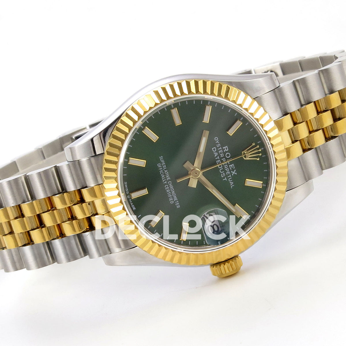Rolex Datejust 31 278273 Green Stick Yellow Two-Tone Jubilee XRF A2236 replica - Left-side full-watch angle showing the green luminous baton dial, date28 and steel/yellow Jubilee bracelet