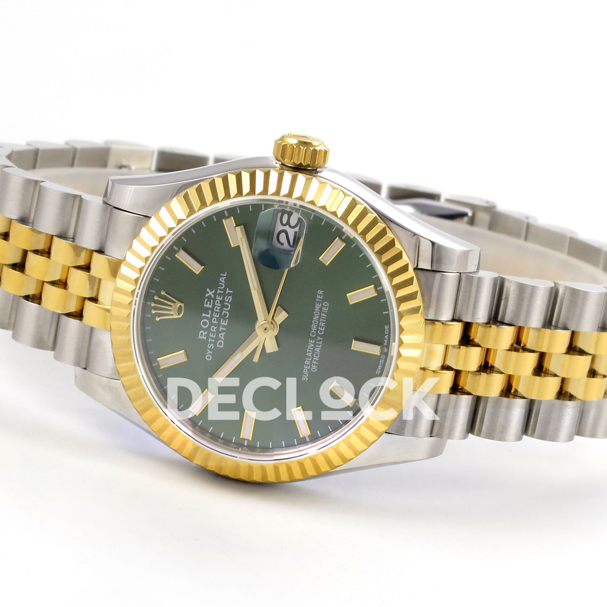 Rolex Datejust 31 278273 Green Stick Yellow Two-Tone Jubilee XRF A2236 replica - Opposite full-watch angle showing the green luminous baton dial, native luminous hand inlays, yellow crown and steel/yellow Jubilee bracelet