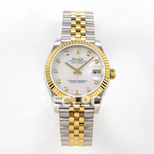 Rolex Datejust 31 278273 White MOP Diamond Yellow Two-Tone Jubilee XRF A2236 replica - Straight-on watch view with white mother-of-pearl gem-set dial, yellow-tone fluted bezel and steel/yellow Jubilee bracelet