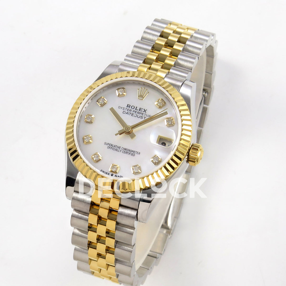 Rolex Datejust 31 278273 White MOP Diamond Yellow Two-Tone Jubilee XRF A2236 replica - Standing three-quarter watch view with white mother-of-pearl gem-set dial and steel/yellow Jubilee bracelet