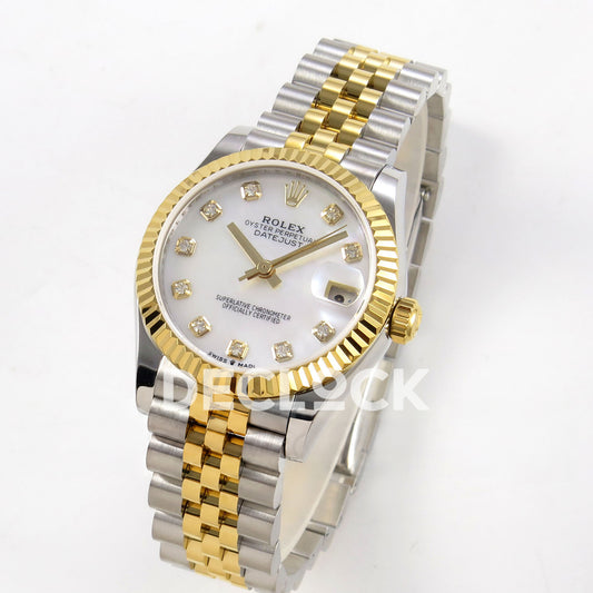Rolex Datejust 31 278273 White MOP Diamond Yellow Two-Tone Jubilee XRF A2236 replica - Standing three-quarter watch view with white mother-of-pearl gem-set dial and steel/yellow Jubilee bracelet