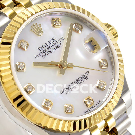 Rolex Datejust 31 278273 White MOP Diamond Yellow Two-Tone Jubilee XRF A2236 replica - Close-up of the white mother-of-pearl gem-index dial, native gold-tone hands, date cyclops and fluted yellow-tone bezel