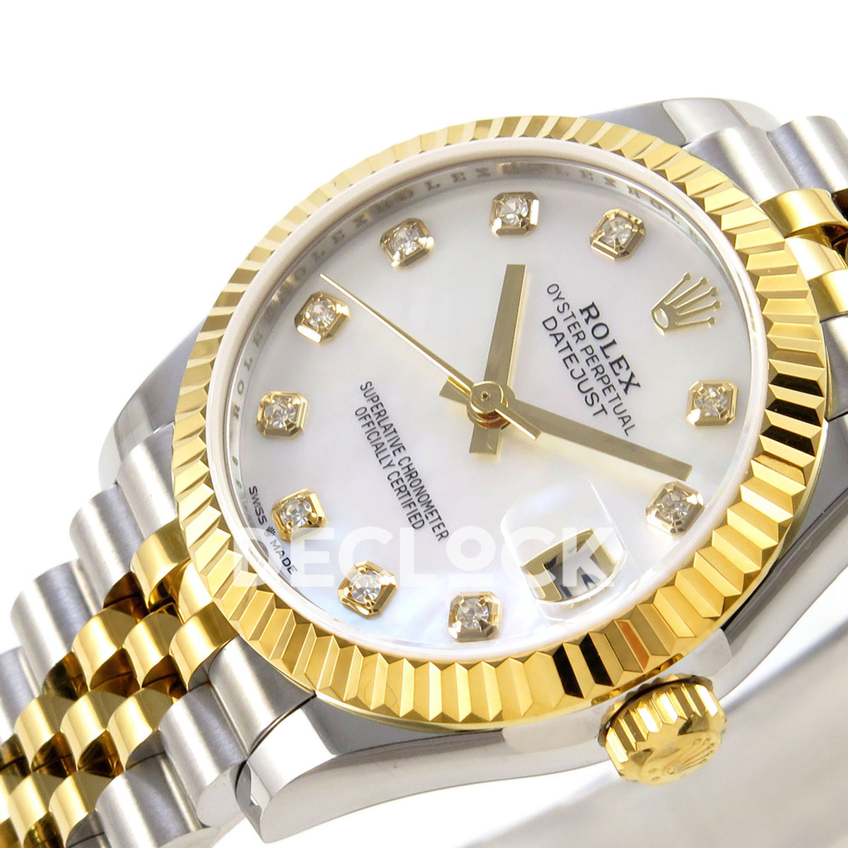 Rolex Datejust 31 278273 White MOP Diamond Yellow Two-Tone Jubilee XRF A2236 replica - Angled close-up of the white mother-of-pearl gem-index dial, native gold-tone hands, date cyclops and steel/yellow Jubilee links