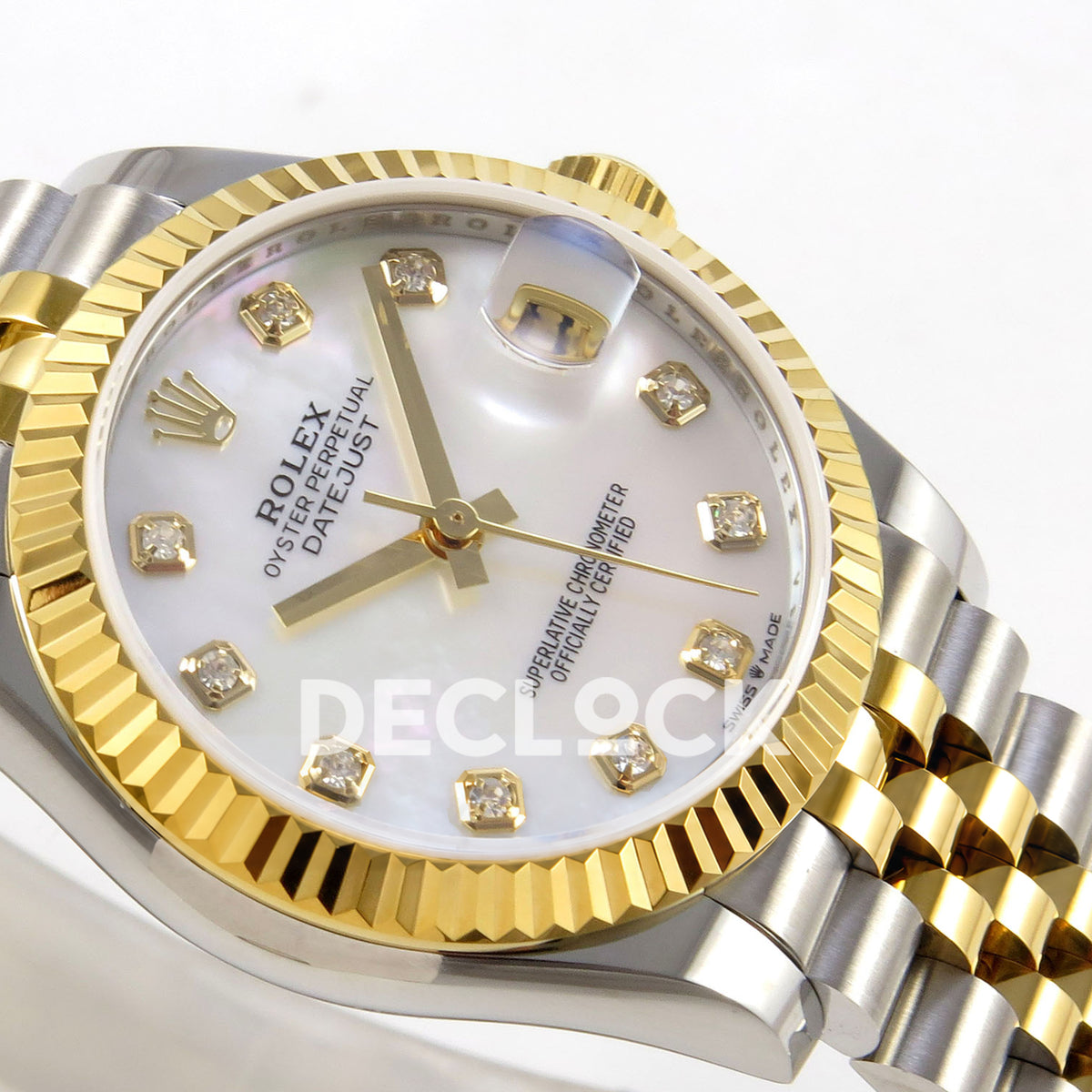 Rolex Datejust 31 278273 White MOP Diamond Yellow Two-Tone Jubilee XRF A2236 replica - Opposite close-up of the white mother-of-pearl gem-index dial, native gold-tone hands, fluted yellow-tone bezel and Jubilee bracelet