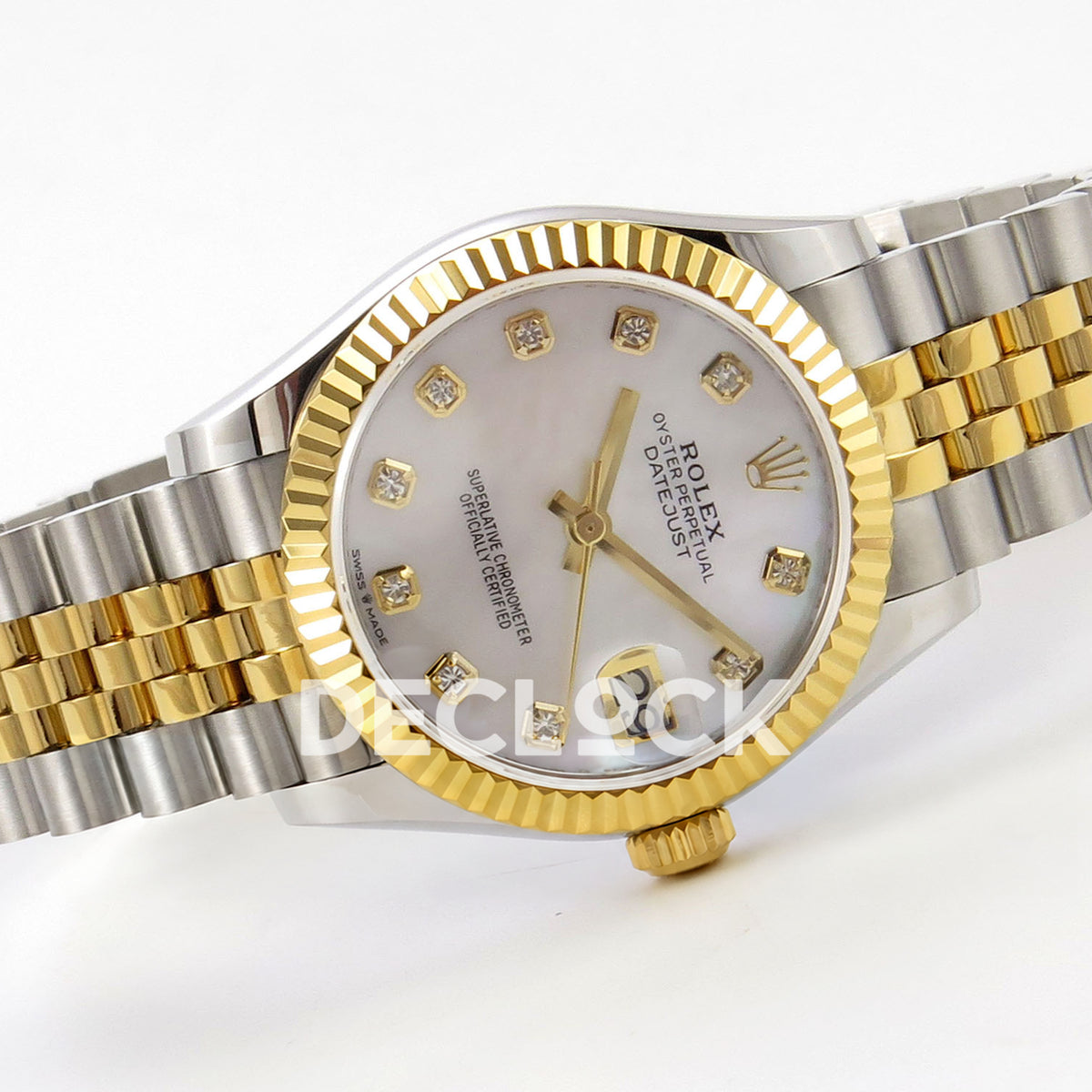 Rolex Datejust 31 278273 White MOP Diamond Yellow Two-Tone Jubilee XRF A2236 replica - Left-side full-watch angle showing the white MOP ten-gem dial, solid gold-tone hands, yellow-tone fluted bezel and steel/yellow Jubilee bracelet