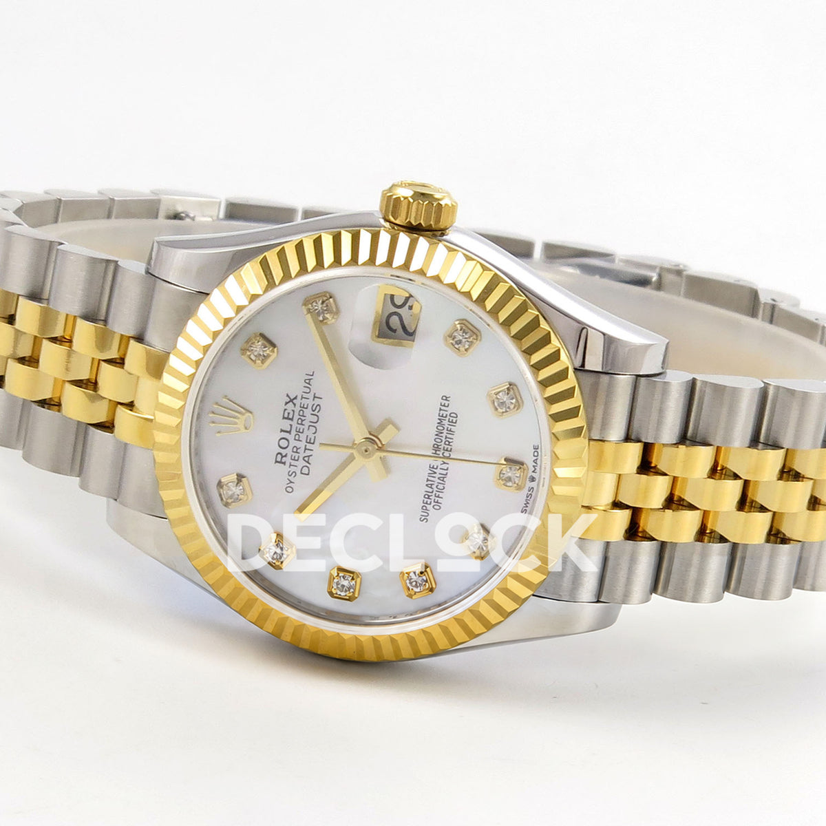 Rolex Datejust 31 278273 White MOP Diamond Yellow Two-Tone Jubilee XRF A2236 replica - Opposite full-watch angle showing the white MOP ten-gem dial, solid hands, yellow-tone crown and steel/yellow Jubilee bracelet