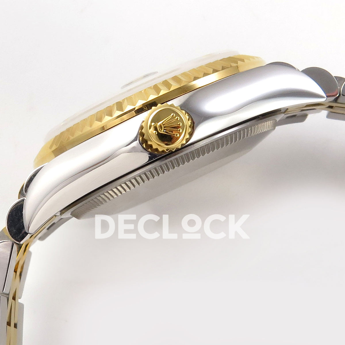Rolex Datejust 31 278273 White MOP Diamond Yellow Two-Tone Jubilee XRF A2236 replica - Crown-side case profile showing the yellow-tone crown emblem, fluted bezel, polished steel case and serrated caseback rim