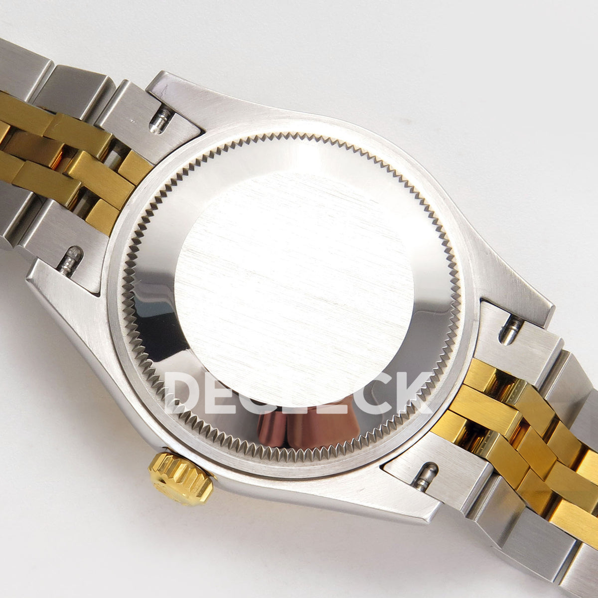 Rolex Datejust 31 278273 White MOP Diamond Yellow Two-Tone Jubilee XRF A2236 replica - Closed brushed caseback with polished serrated rim, steel lugs and steel/yellow Jubilee bracelet