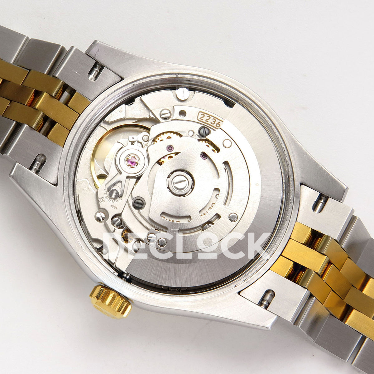 Rolex Datejust 31 278273 White MOP Diamond Yellow Two-Tone Jubilee XRF A2236 replica - Open movement view with rotor toward the lower right, native2236 marking, visible balance, screws and brushed rotor