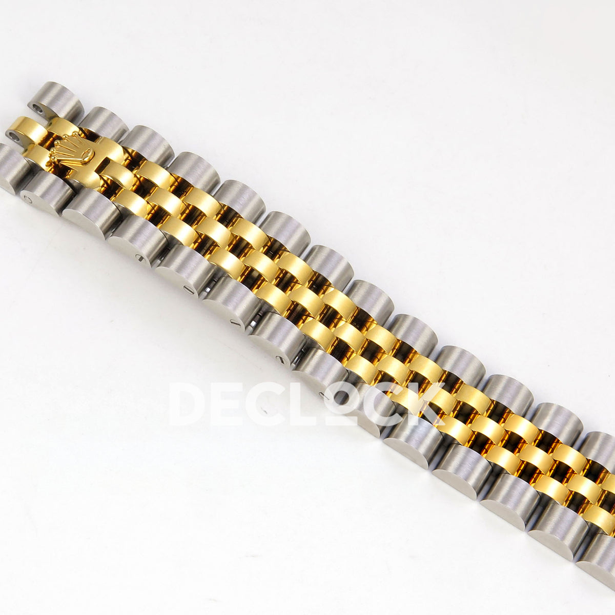 Rolex Datejust 31 278273 White MOP Diamond Yellow Two-Tone Jubilee XRF A2236 replica - Diagonal outer-face detail of the steel/yellow Jubilee bracelet and original crown on the clasp