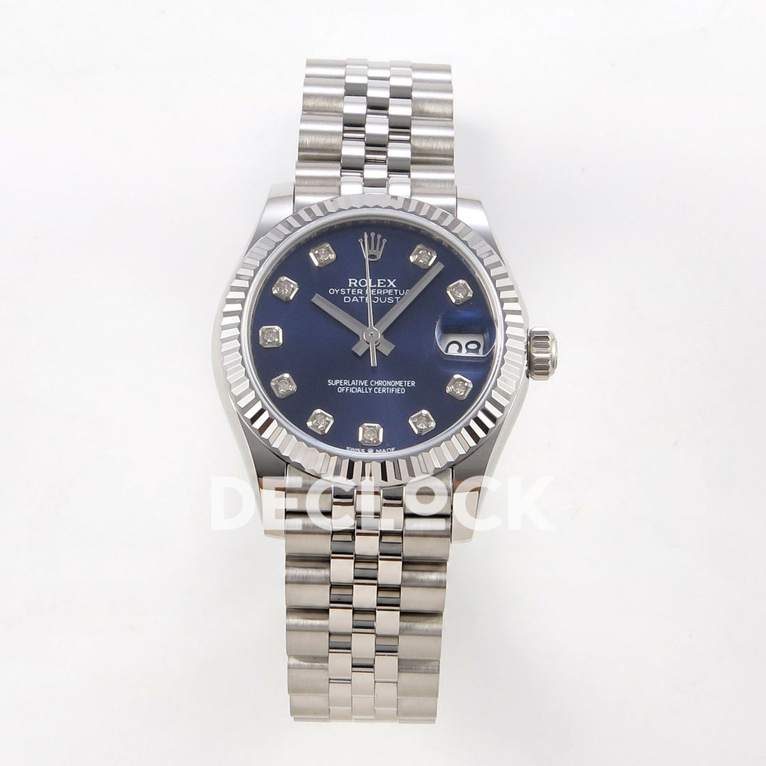 Rolex Datejust 31 278274 Blue Diamond Jubilee XRF A2236 replica - Frontal view of the blue gem-set dial, silver-tone fluted bezel and steel Jubilee bracelet 278274