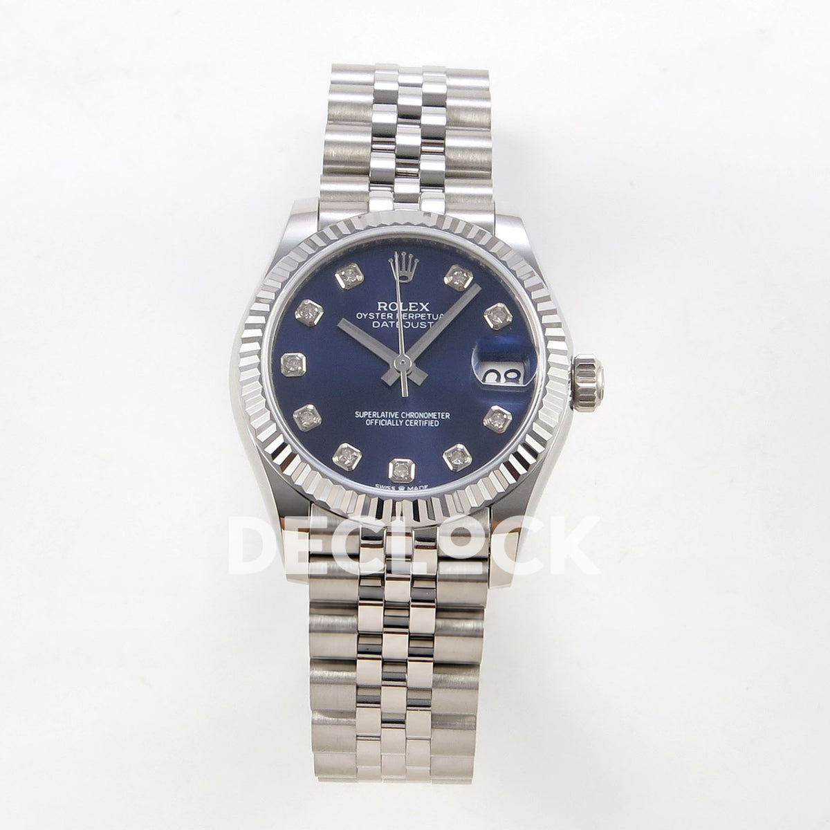 Rolex Datejust 31 278274 Blue Diamond Jubilee XRF A2236 replica - Frontal view of the blue gem-set dial, silver-tone fluted bezel and steel Jubilee bracelet