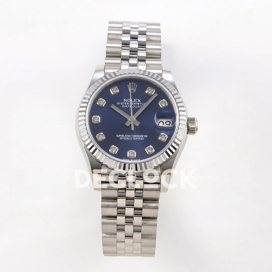 Rolex Datejust 31 278274 Blue Diamond Jubilee XRF A2236 replica - Frontal view of the blue gem-set dial, silver-tone fluted bezel and steel Jubilee bracelet