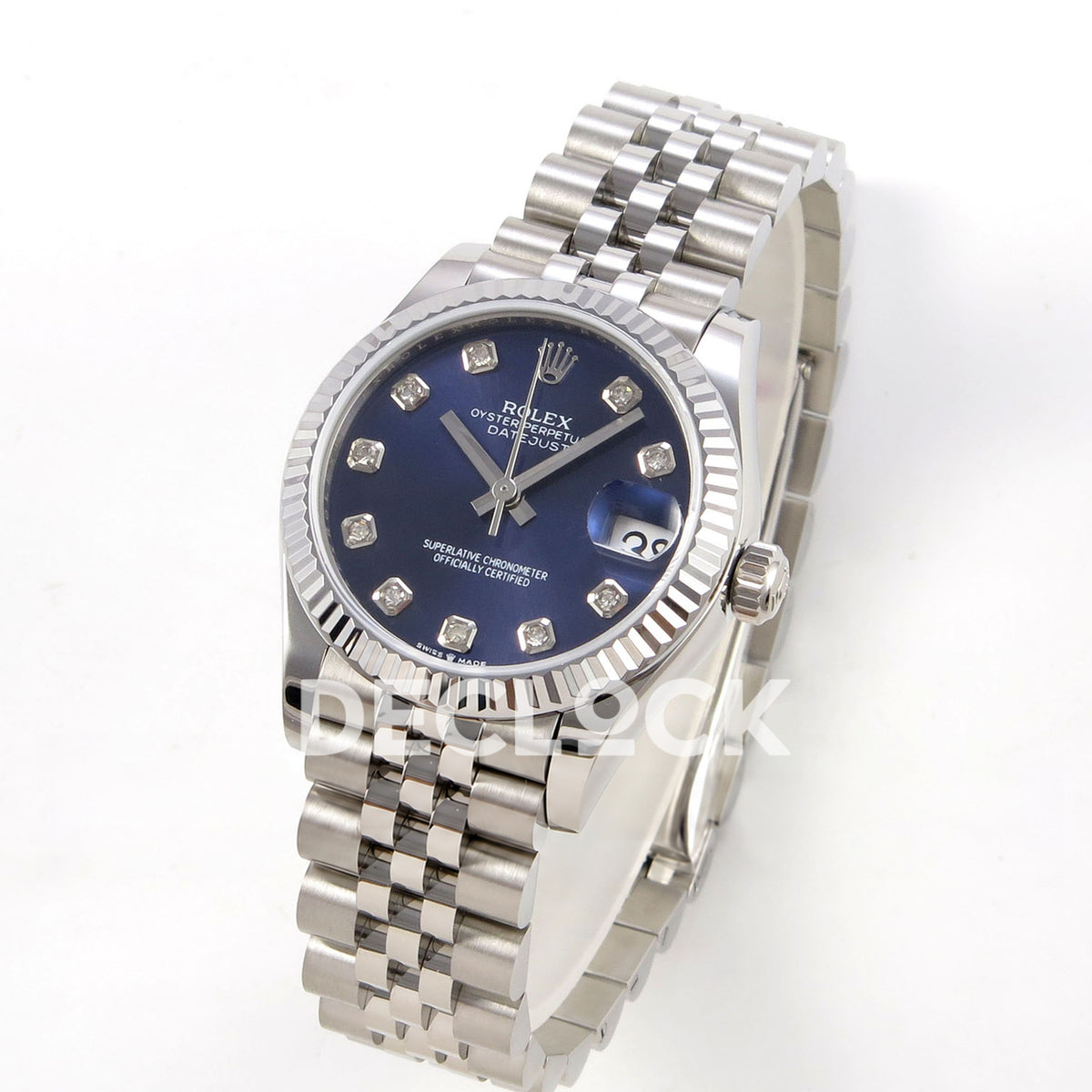 Rolex Datejust 31 278274 Blue Diamond Jubilee XRF A2236 replica - Three-quarter view of the blue gem dial, fluted bezel and steel Jubilee bracelet