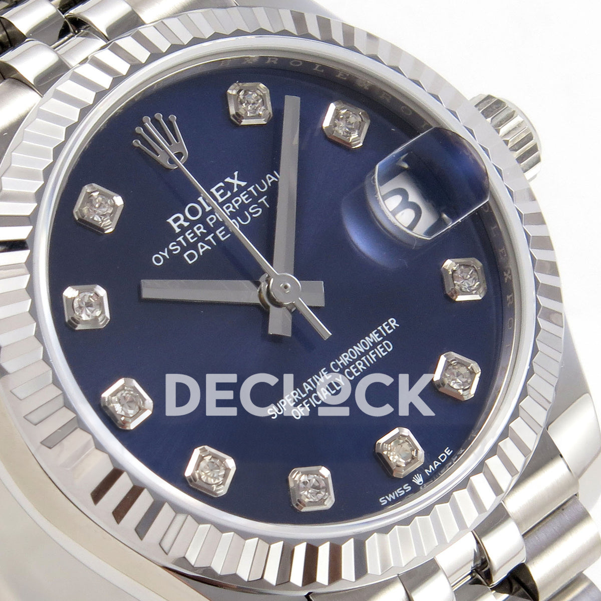 Rolex Datejust 31 278274 Blue Diamond Jubilee XRF A2236 replica - Angled macro view of the blue dial, gem settings and silver-tone fluted bezel