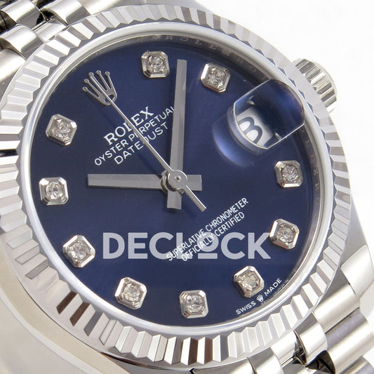 Rolex Datejust 31 278274 Blue Diamond Jubilee XRF A2236 replica - Angled macro view of the blue dial, gem settings and silver-tone fluted bezel