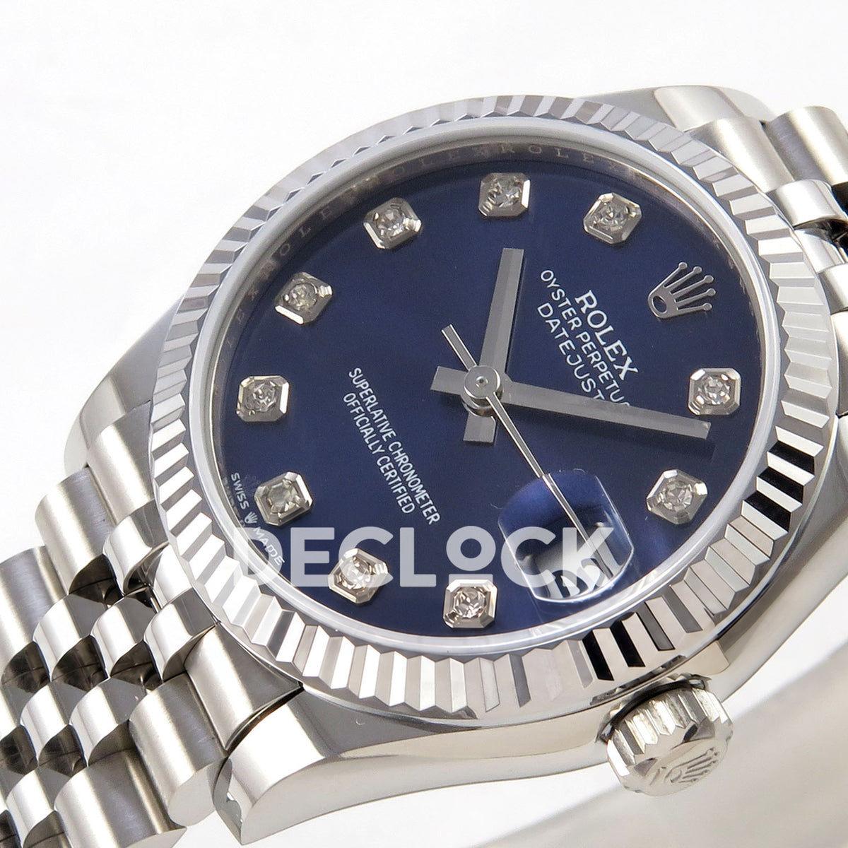 Rolex Datejust 31 278274 Blue Diamond Jubilee XRF A2236 replica - Opposite angled macro view of the blue dial, date lens, winding crown and Jubilee bracelet