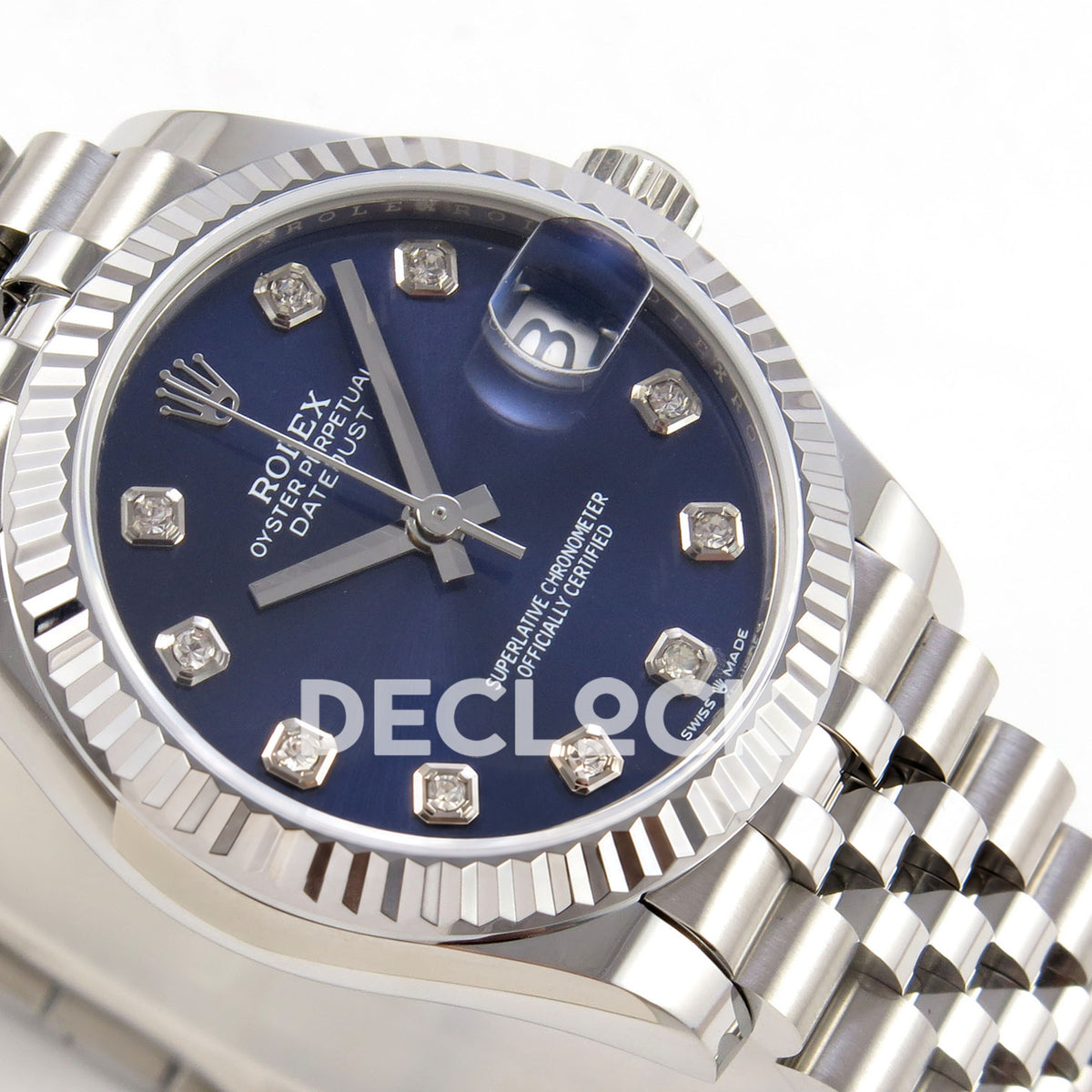 Rolex Datejust 31 278274 Blue Diamond Jubilee XRF A2236 replica - Side macro view of the blue gem dial, silver-tone fluted bezel and Jubilee links