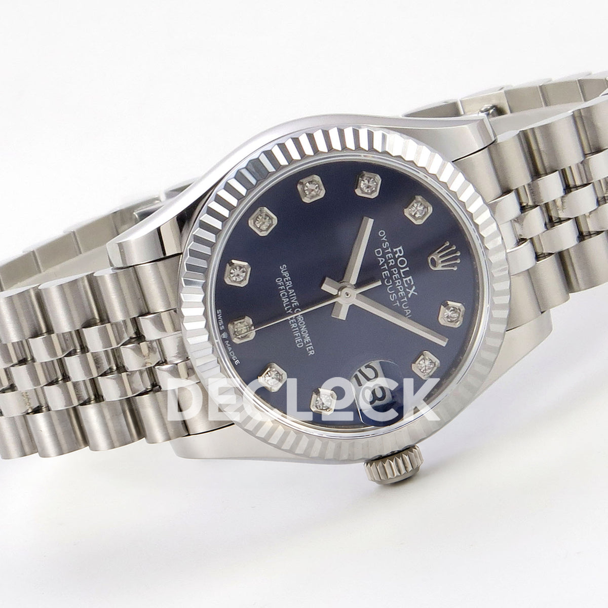 Rolex Datejust 31 278274 Blue Diamond Jubilee XRF A2236 replica - Full watch laid diagonally with blue gem dial and open steel Jubilee bracelet