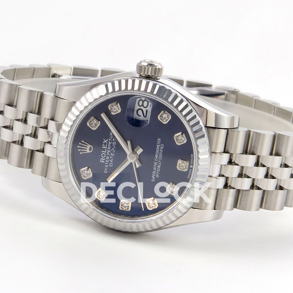 Rolex Datejust 31 278274 Blue Diamond Jubilee XRF A2236 replica - Opposite full watch view with blue gem dial, fluted bezel and open steel Jubilee bracelet