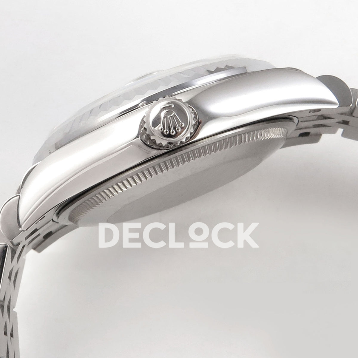 Rolex Datejust 31 278274 Blue Diamond Jubilee XRF A2236 replica - Crown-side profile with fluted bezel and steel caseback