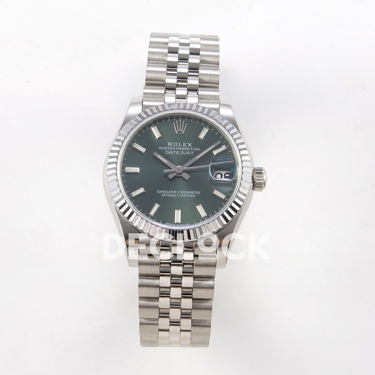 Rolex Datejust 31 278274 Green Stick Jubilee XRF A2236 replica - Frontal view of the green baton dial, silver-tone fluted bezel and steel Jubilee bracelet