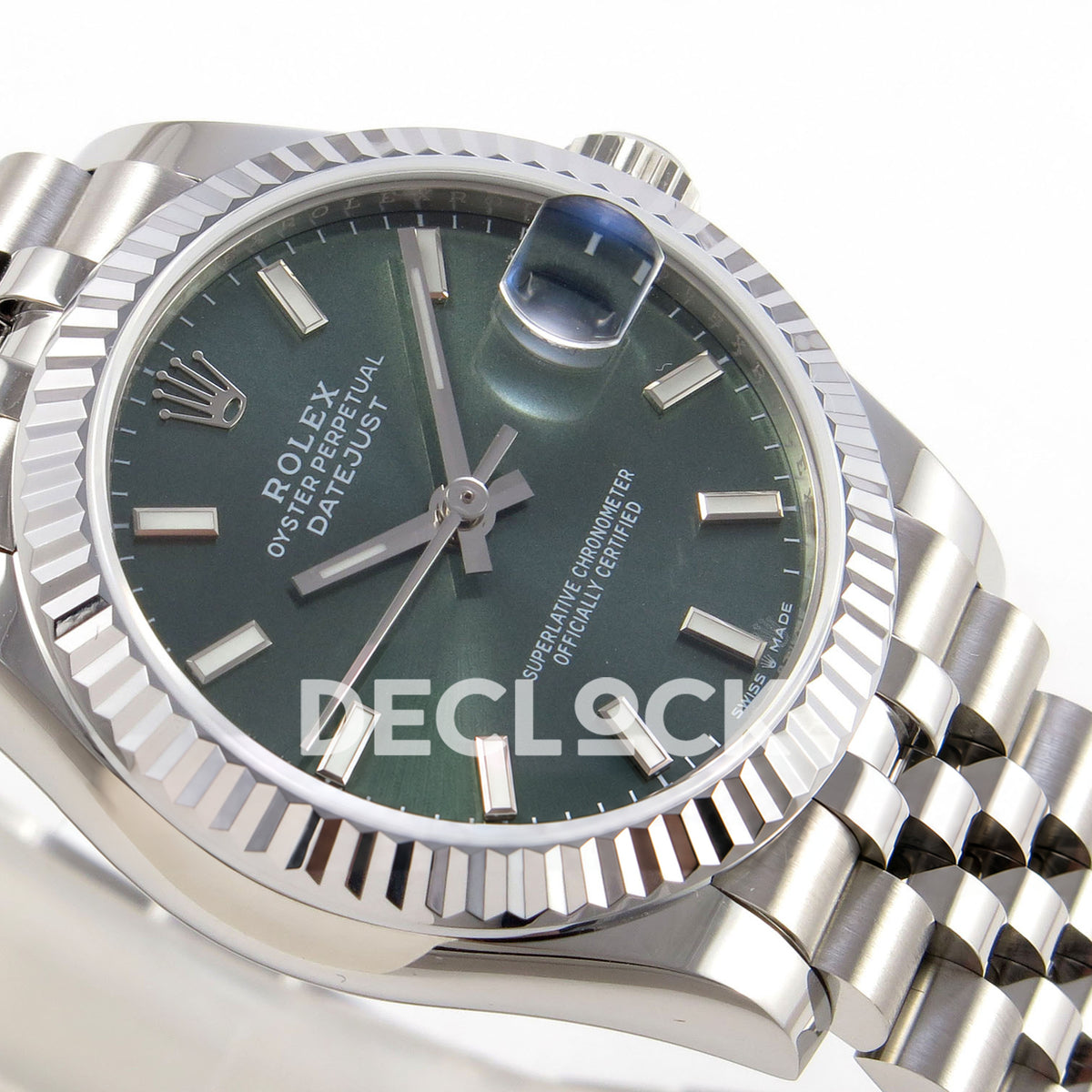 Rolex Datejust 31 278274 Green Stick Jubilee XRF A2236 replica - Macro view of the green baton dial, hands, fluted bezel and steel Jubilee bracelet