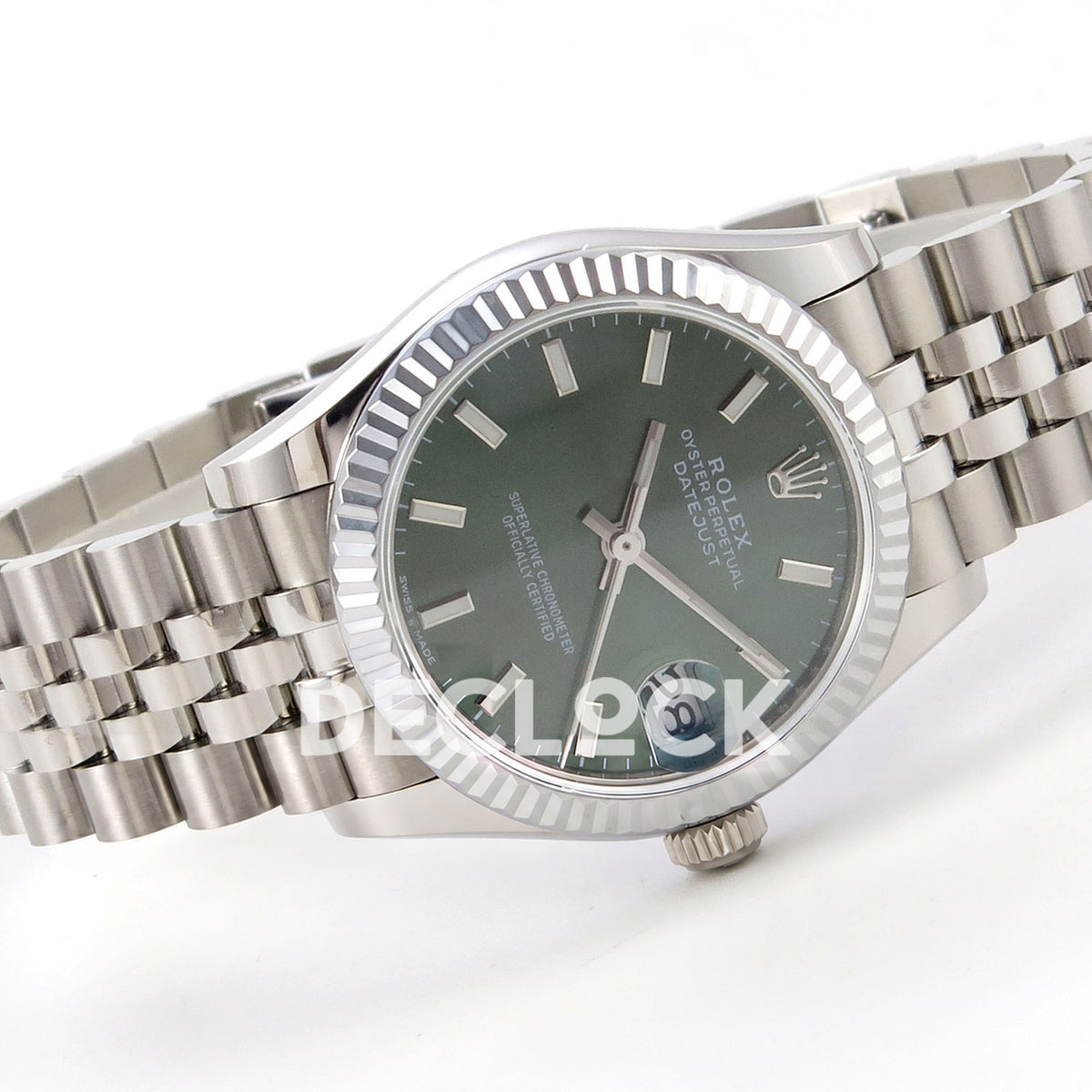 Rolex Datejust 31 278274 Green Stick Jubilee XRF A2236 replica - Three-quarter view of the green baton dial and steel Jubilee bracelet