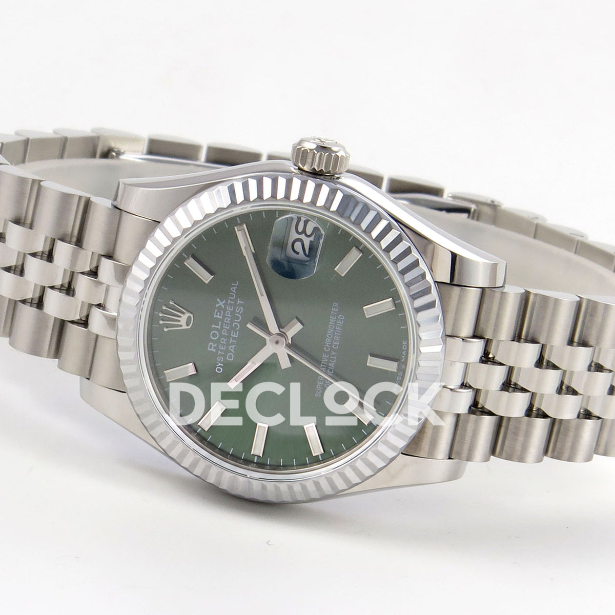 Rolex Datejust 31 278274 Green Stick Jubilee XRF A2236 replica - Opposite three-quarter view of the green baton dial and steel Jubilee bracelet