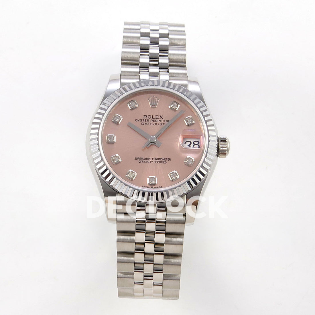 Rolex Datejust 31 278274 Pink Diamond Jubilee XRF A2236 replica - Frontal view of the pink gem-set dial, silver-tone fluted bezel and steel Jubilee bracelet 278274