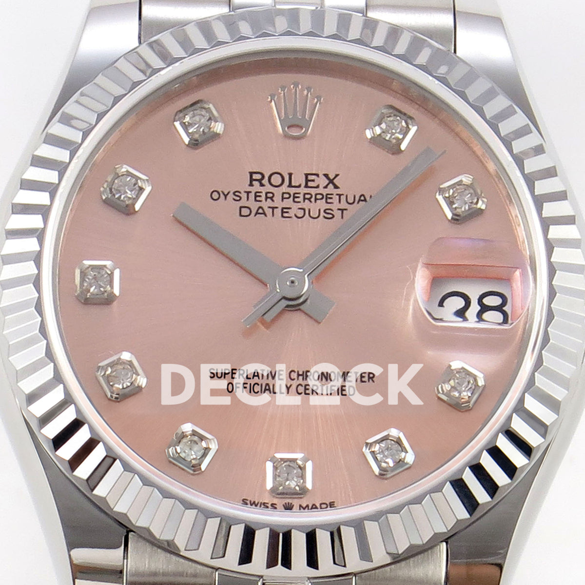 Rolex Datejust 31 278274 Pink Diamond Jubilee XRF A2236 replica - Macro frontal view of the pink dial, gem hour markers, hands and magnified date