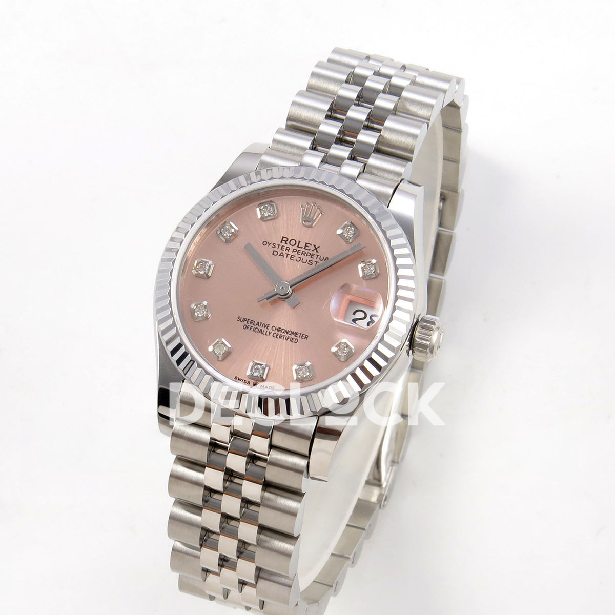 Rolex Datejust 31 278274 Pink Diamond Jubilee XRF A2236 replica - Three-quarter view of the pink gem dial, fluted bezel and steel Jubilee bracelet