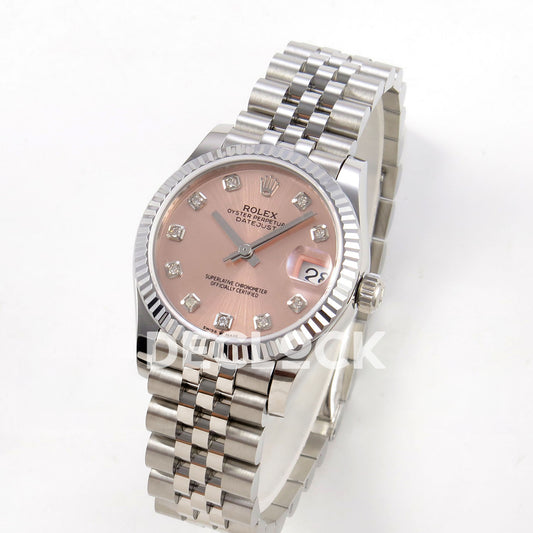 Rolex Datejust 31 278274 Pink Diamond Jubilee XRF A2236 replica - Three-quarter view of the pink gem dial, fluted bezel and steel Jubilee bracelet