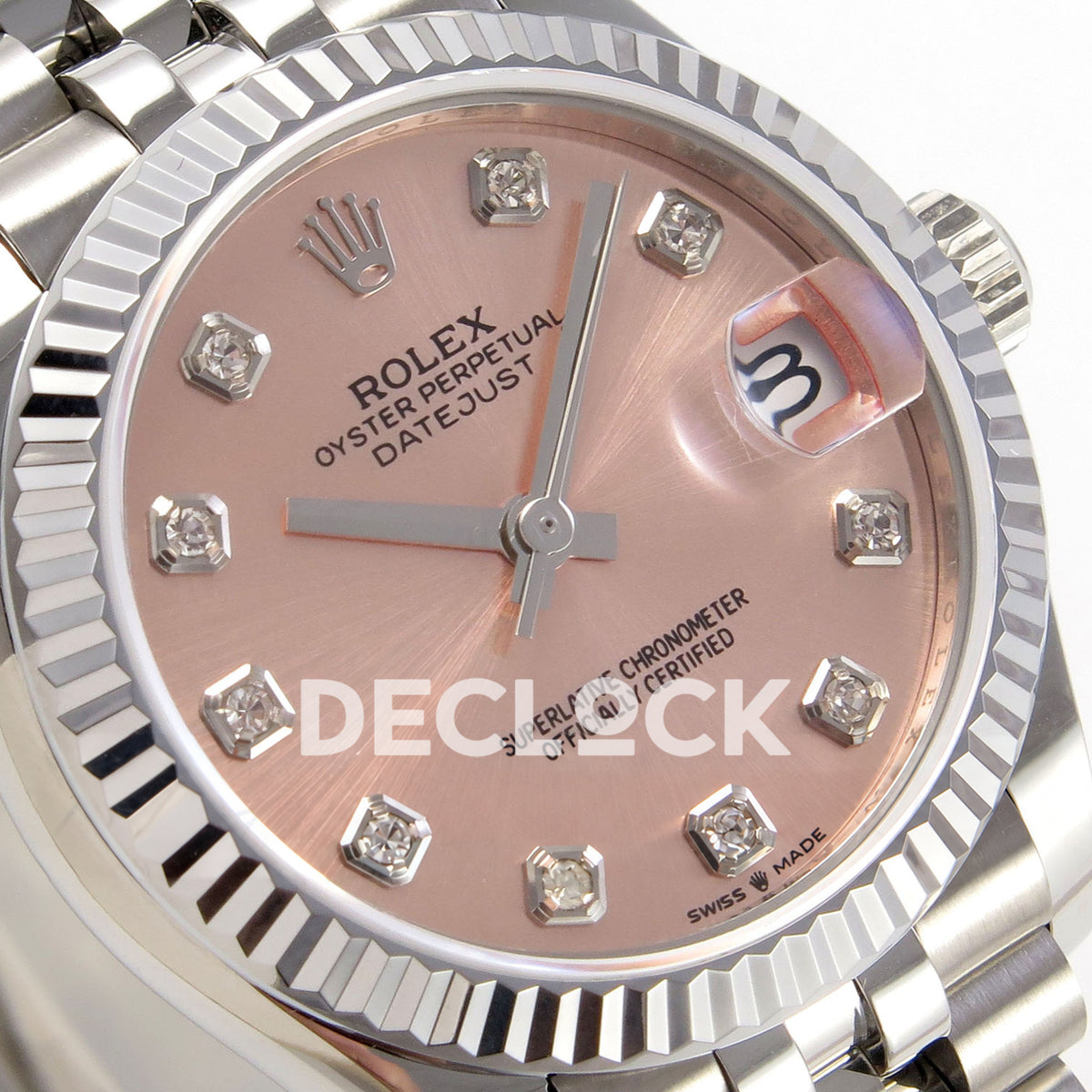 Rolex Datejust 31 278274 Pink Diamond Jubilee XRF A2236 replica - Angled macro view of the pink dial, gem settings and silver-tone fluted bezel