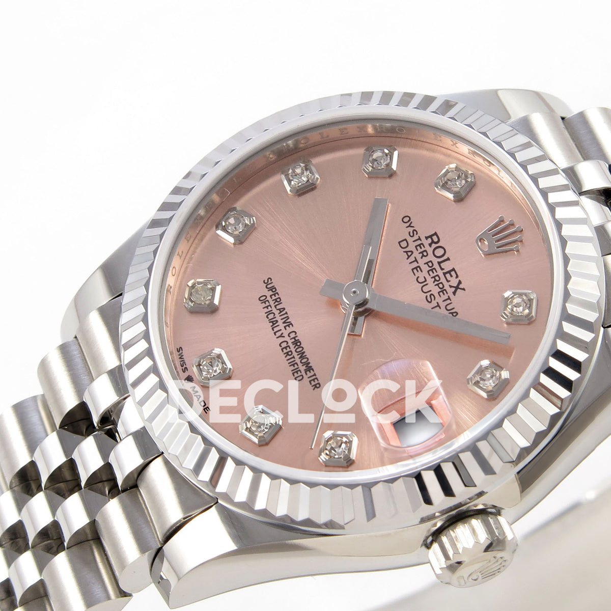 Rolex Datejust 31 278274 Pink Diamond Jubilee XRF A2236 replica - Angled macro view of the pink gem-set dial, magnified date, silver-tone fluted bezel and winding crown