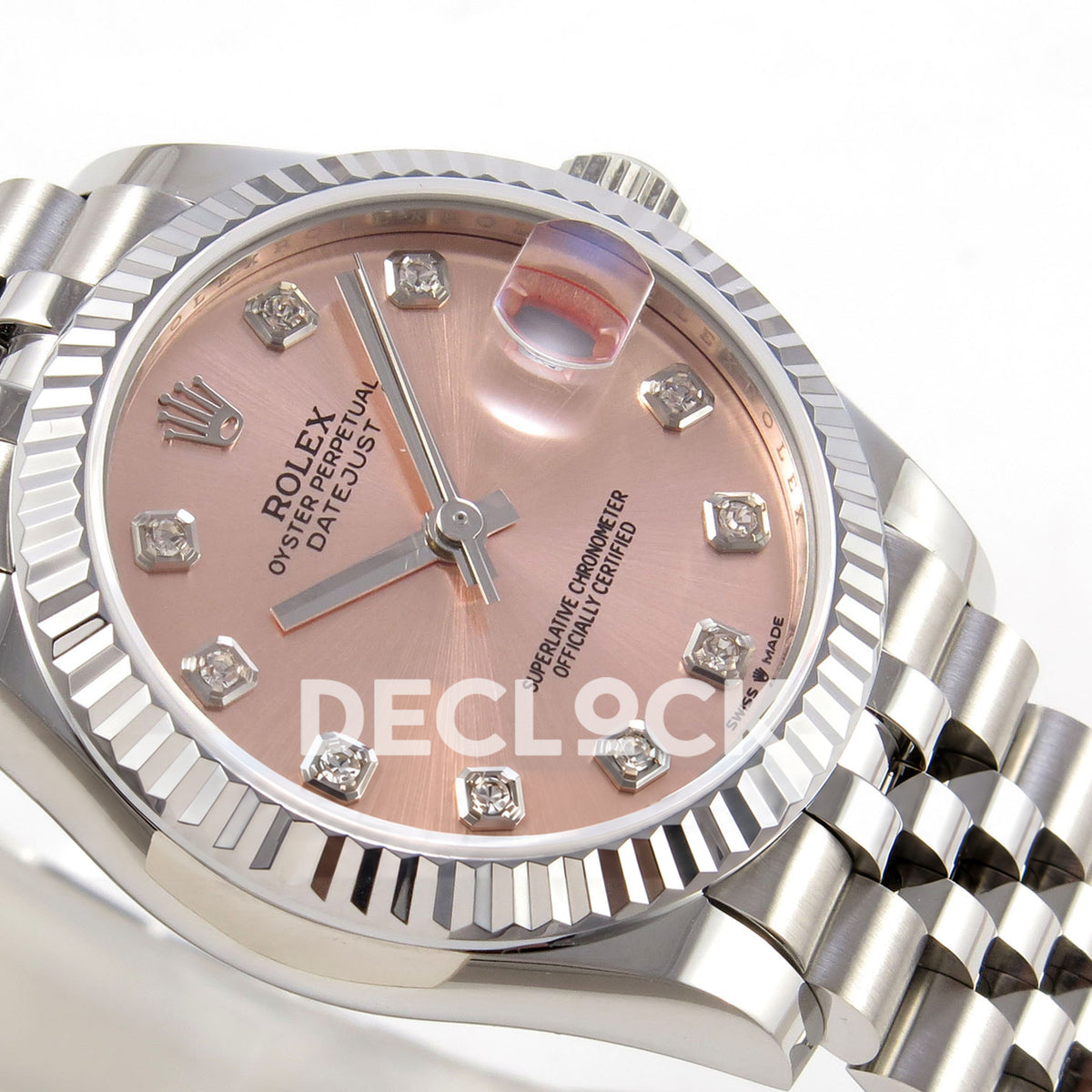 Rolex Datejust 31 278274 Pink Diamond Jubilee XRF A2236 replica - Opposite side macro view of the pink gem-set dial, silver-tone fluted bezel and steel Jubilee links