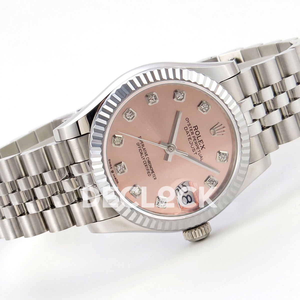 Rolex Datejust 31 278274 Pink Diamond Jubilee XRF A2236 replica - Diagonal view of the pink gem-set dial and steel Jubilee bracelet with the winding crown at the lower edge