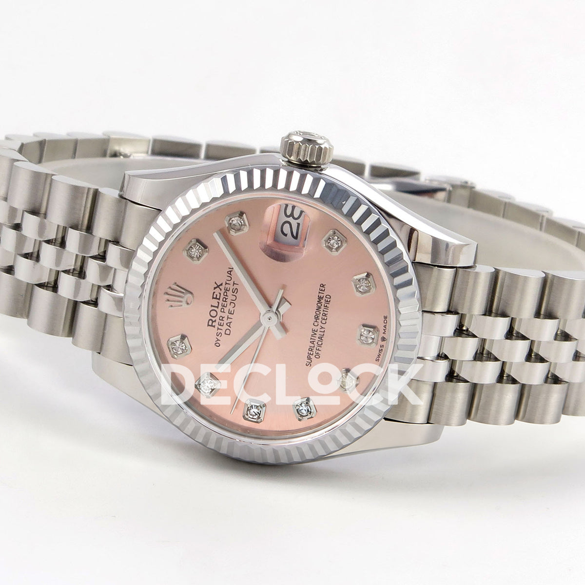 Rolex Datejust 31 278274 Pink Diamond Jubilee XRF A2236 replica - Opposite diagonal view of the pink gem-set dial, fluted bezel and steel Jubilee bracelet with the winding crown above