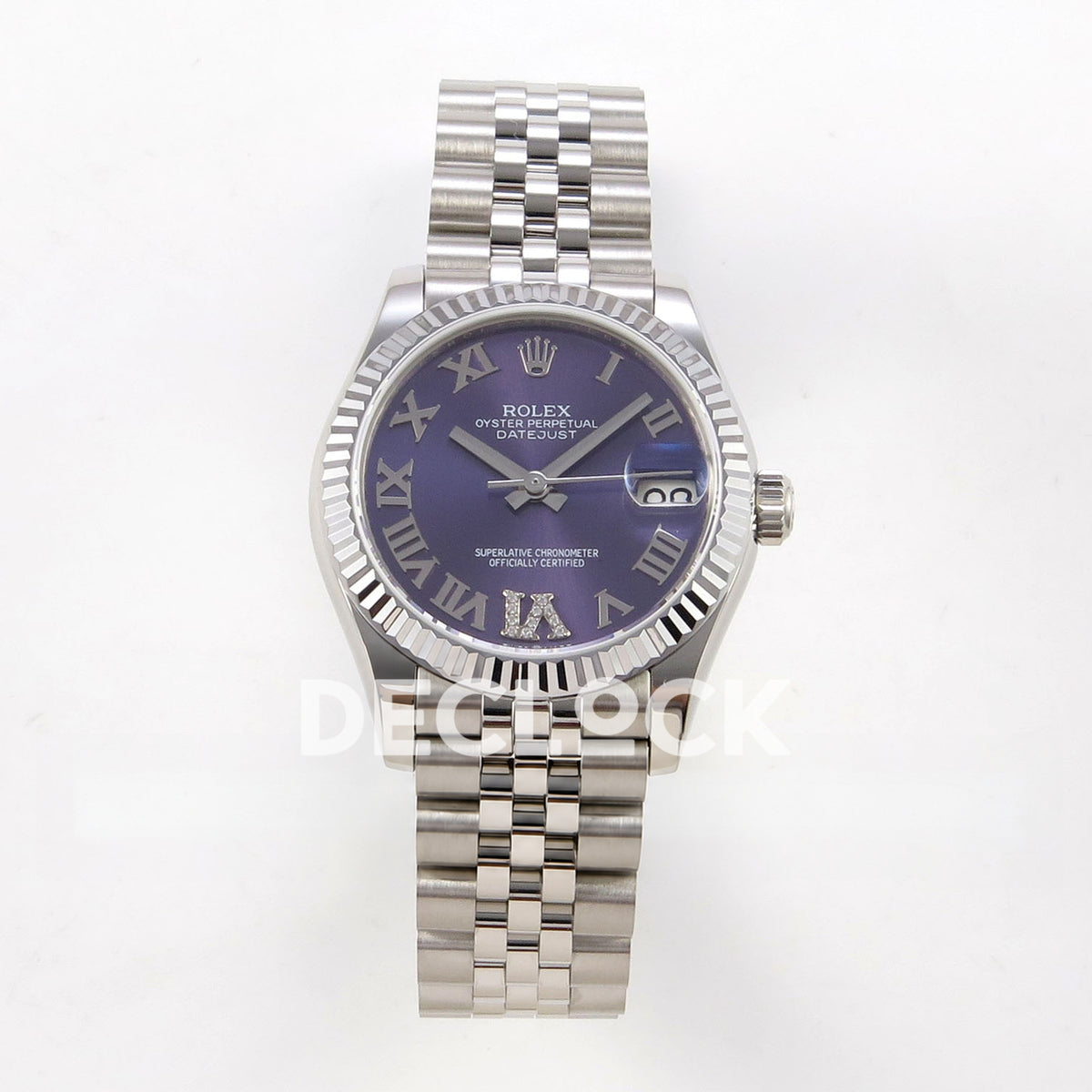 Rolex Datejust 31 278274 Purple Roman VI Gem Jubilee XRF A2236 replica - Frontal view of the purple Roman numeral dial with gem-set VI, silver-tone fluted bezel and steel Jubilee bracelet