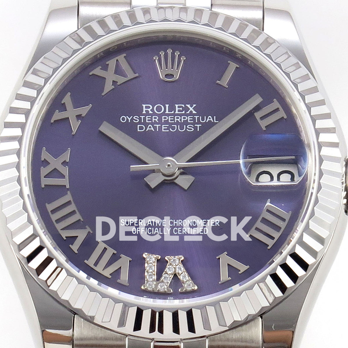 Rolex Datejust 31 278274 Purple Roman VI Gem Jubilee XRF A2236 replica - Macro frontal view of the purple dial, Roman numerals, gem-set VI, hands and magnified date